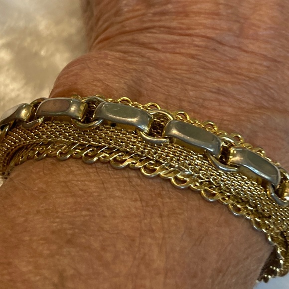 VTG Signed HOBE’ Gold Mesh & Silver Link Cuff Bracelet - Picture 4 of 5